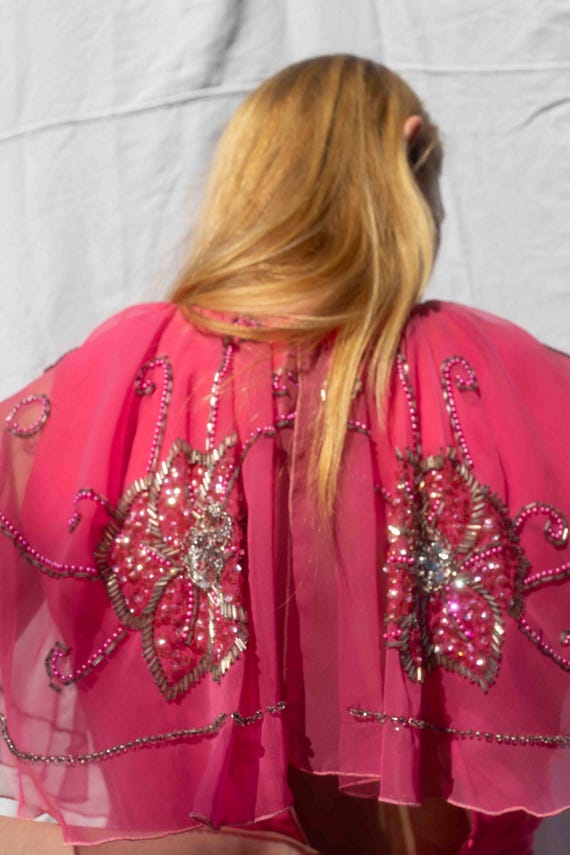 Women's Vintage 1980s Hot Pink Beaded Tiered Chiffon Maxi Dress Women's Vintage 1980s Hot Pink Beaded Tiered Chiffon Maxi Dress