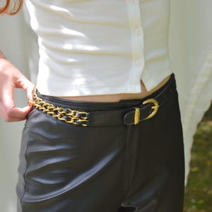 St. Michael Vintage Black Leather Belt with Gold Buckle and Chain 90s Vintage Black Leather Belt: Golden Gems Buckle, St  main image 2