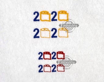 May include: Four embroidered designs of the year 2020 with toilet paper rolls. The top two designs are in yellow and the bottom two designs are in red.