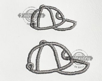 May include: Two embroidered images of a baseball cap in gray thread on a white background.