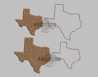 May include: Two outlines of the state of Texas, one filled in brown and the other empty. The filled-in outline has a brown texture. The text "The Original Embroidery On Balls" is visible in the image.