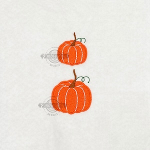 Könnte beinhalten: Zwei orangefarbene Kürbisse mit grünen Stielen und Blättern. Die Kürbisse sind auf einen weißen Stoff gestickt.