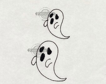 May include: Two simple black and white ghost illustrations with three black eyes each. The ghosts are drawn in a simple, childlike style.