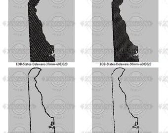 May include: Four black and white embroidery designs of the state of Delaware. The designs are in two sizes, 37mm and 50mm, and two styles, filled and outline.