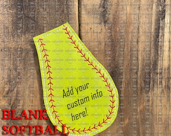 May include: A yellow softball template with red stitching. The template has the text "Add your custom info here!" written on it. Blank Softball Template.
