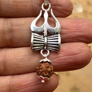 925 Silver + 5 Mukhi RUDRAKSHA Panchmukhi Rudraksh 5 Face Rudraksham Lord Shivas Pendant, Trishul, Damru, Yoga Prayer Healing, Health
