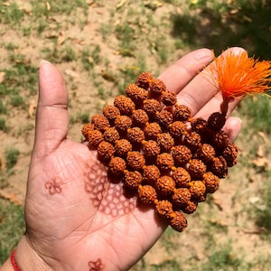 以下が含まれることがあります： オレンジ色の繊維の房飾り付きの茶色のマラビーズネックレス。ネックレスは小さく丸いビーズで作られており、人の手に持たれています。