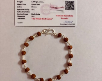 Pulsera de Rudraksha natural certificada por laboratorio (6 mm) en plata de ley 925 con gancho en forma de S de 20 cm, origen indio, oración de yoga al Señor Shiva, unisex.