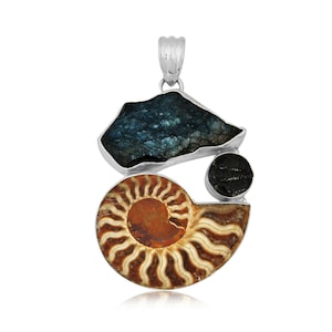 Handmade Sterling Silver  Ammonite and Trilobite jewelry Pendant with all natural stone