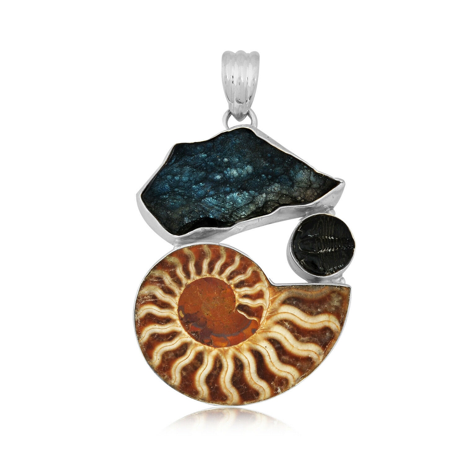 Pendentif Artisanal En Argent Sterling 925 Avec Ammonite & Trilobite - Pierre Naturelle
