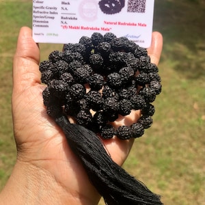 LAB CERTIFIED 108+1 Bead Indian Origin Black Rudraksha Mala 5 mukhi 5 faces Lord Shivas Rosary Jaap Mala Yoga Prayer Healing Meditation 8mm