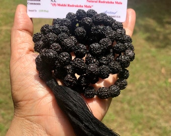 LAB CERTIFIED 108+1 Bead Indian Origin Black Rudraksha Mala 5 mukhi 5 faces Lord Shivas Rosary Jaap Mala Yoga Prayer Healing Meditation 8mm