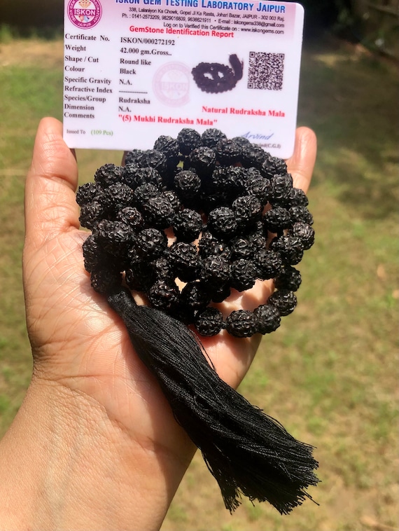 LAB CERTIFIED 108+1 Bead Indian Origin Black Rudraksha Mala 5 mukhi 5 faces Lord Shivas Rosary Jaap Mala Yoga Prayer Healing Meditation 8mm