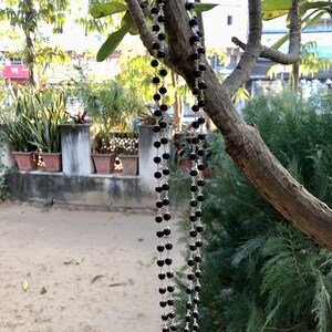 May include: A black beaded necklace with silver accents hanging from a tree branch.