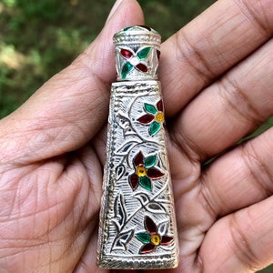 925 Silver Handmade Dry Kajal Box, Surma Kumkum Sindoor Container, Sindur dani dibbi, Elongated Enamelled, 6 cm length 22 gm Temple Pooja