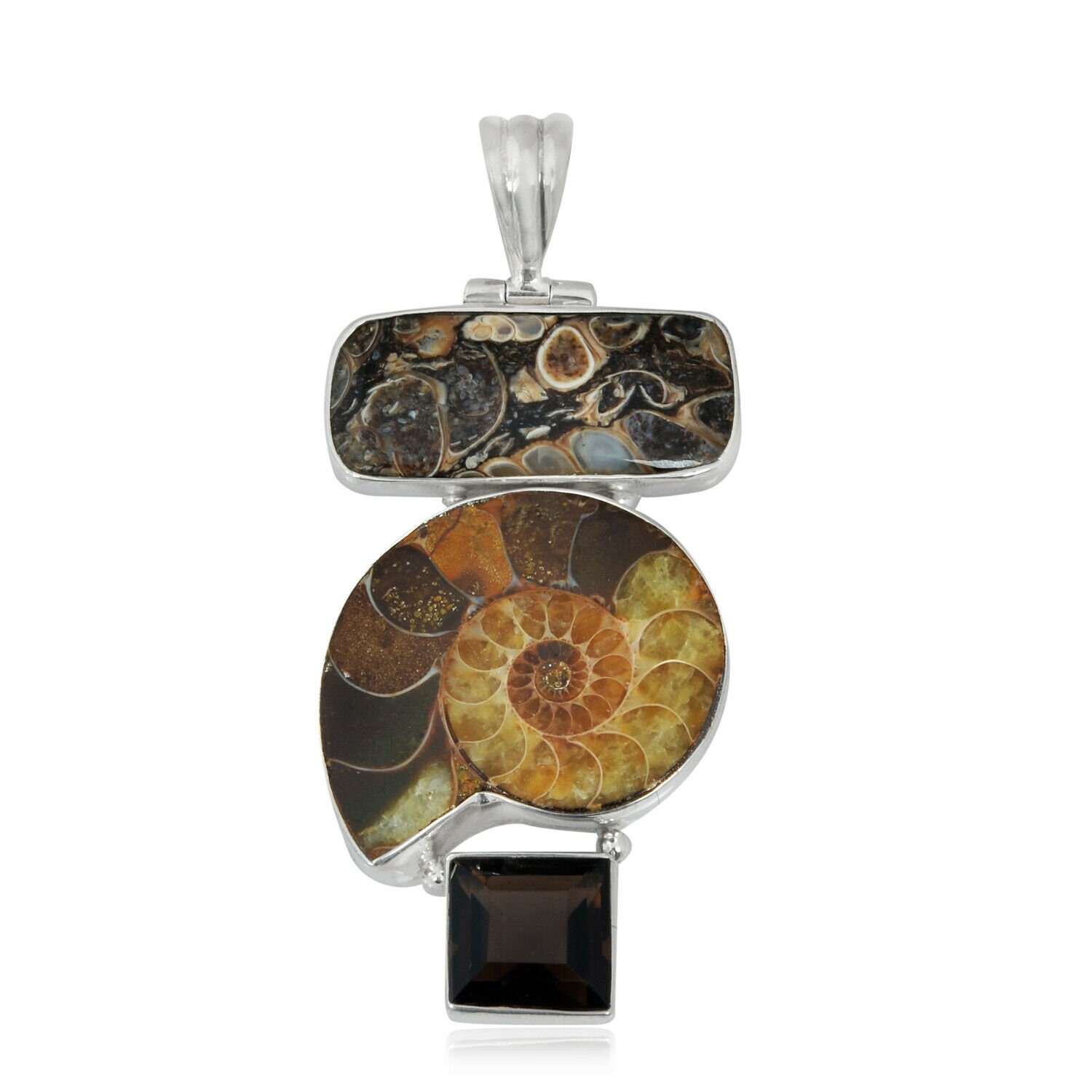 Pendentif Artisanal En Argent 925 - Ammonite Et Jaspe - Fait Main Inde