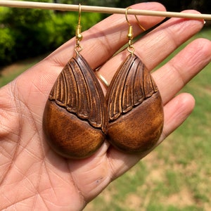 Kadamb Wood Long Shoulder Duster Handmade Feather Earrings, Handmade Handcarved Handcrafted Cocktail Jewelry, 65mm length Drop Dangle