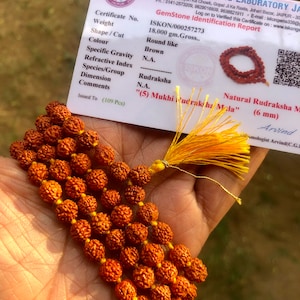 LAB CERTIFIED 108 + 1 Perle Indischer Herkunft Rudraksha Mala 5 mukhi 5 Gesichter (6 mm runde Perle) Lord Shivas Rosenkranz Jaap Mala Yoga Gebet Heilung