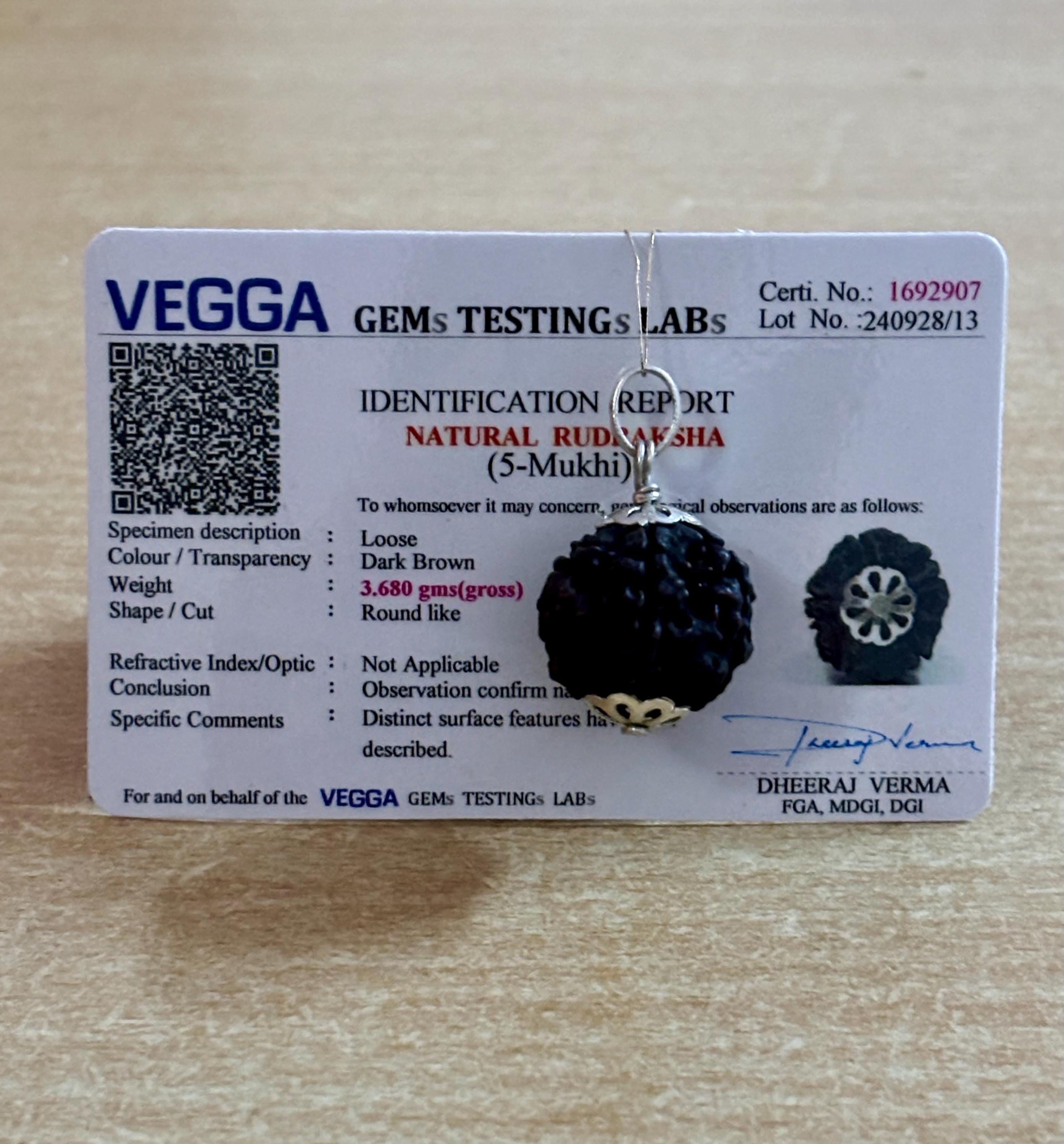 INDIA MADE 5 Mukhi Rudraksha Ciondolo in argento certificato Nepalese Cinque Mukhi Rudraksha per scopi astrologici - 6748, argento, zaffiro artificiale, Argento, Zaffiro sintetico