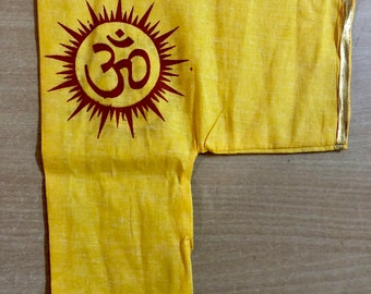Traditional L Shape Gomukhi Gomukh Jaap Japa Prayer Bag for Rosary Prayer Beads, Yoga, Temple, Meditation, Yellow color, Om Aum Print