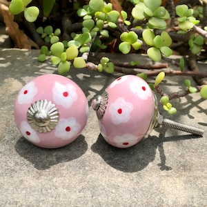 May include: Two pink ceramic cabinet knobs with white and red floral designs. The knobs have a silver metal base.