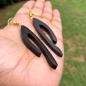 Ebony Wood Long Linear Shoulder Duster Statement Earrings, Handmade Handcarved Handcrafted Cocktail Jewelry, 85mm length, D-3
