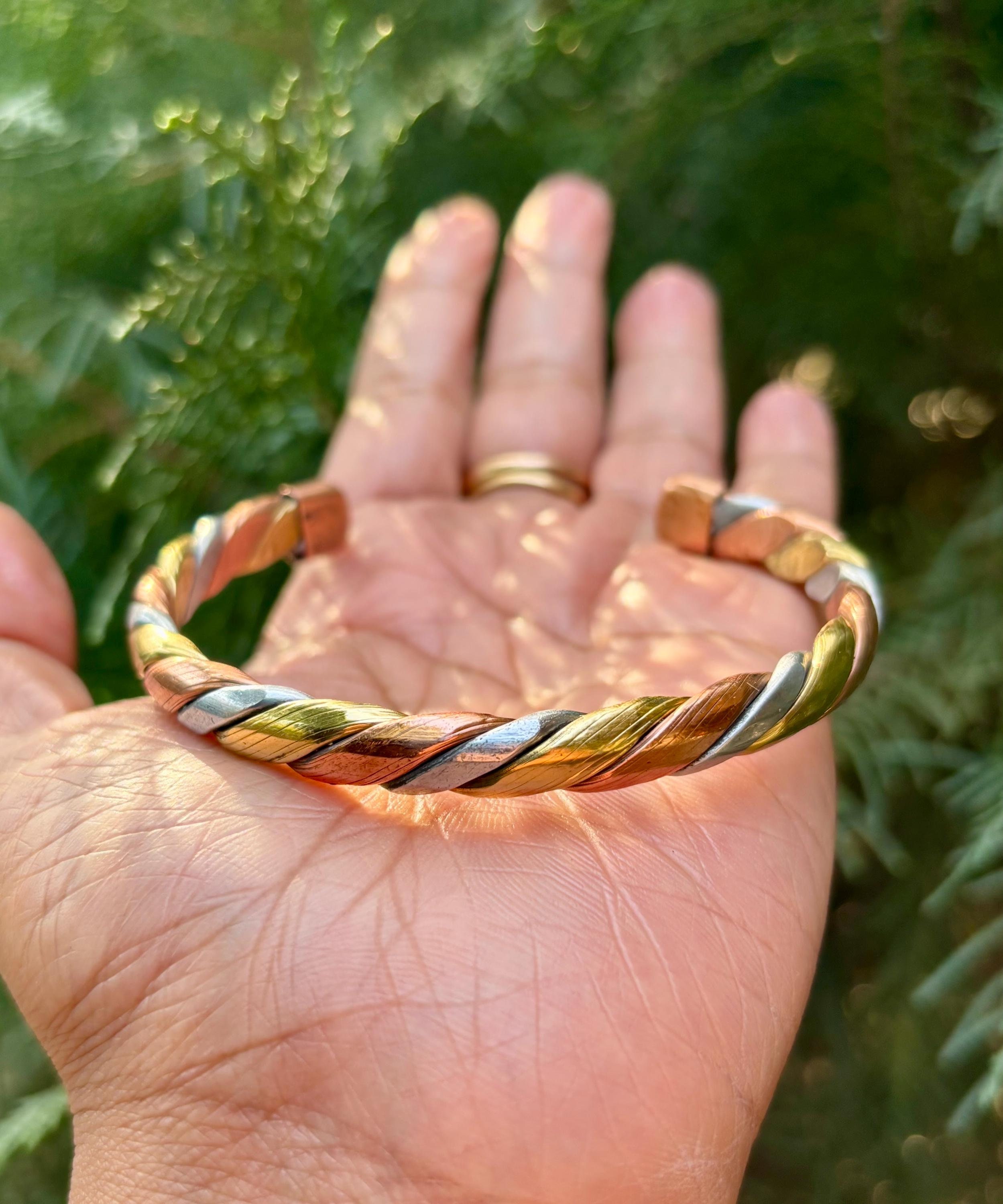 Ashtadhatu Twisted Bangle, Copper Brass Silver Cuff, Spiritual