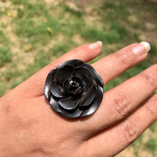 Ebony Wood Rose Flower Carved Statement Ring, Handmade Handcarved Handcrafted Cocktail Jewelry, 30-35 mm diameter, US 8.5 Ring Size