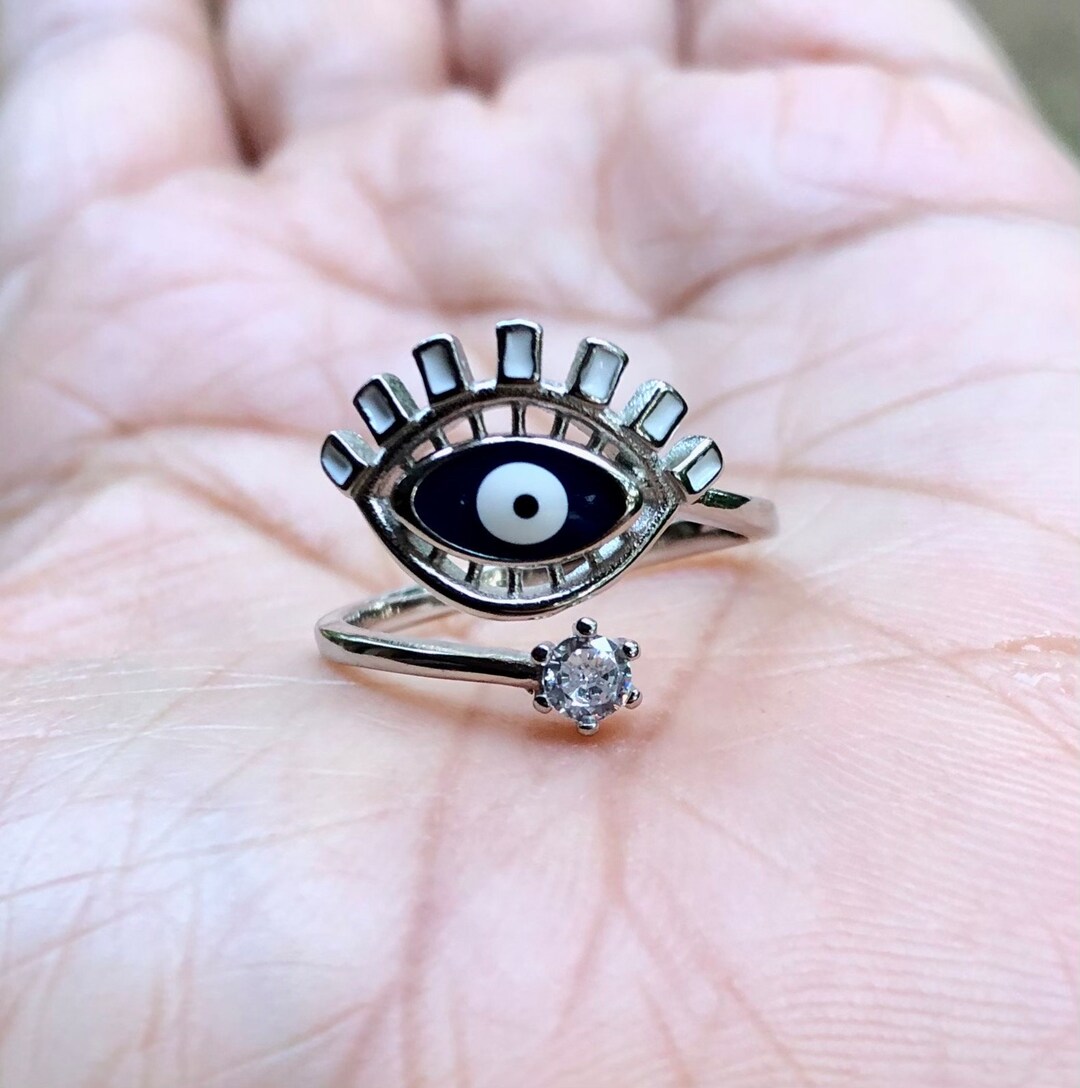 Artisan Crafted 925 Silver Evil Eye Protection Adjustable Ring, Amulet ...