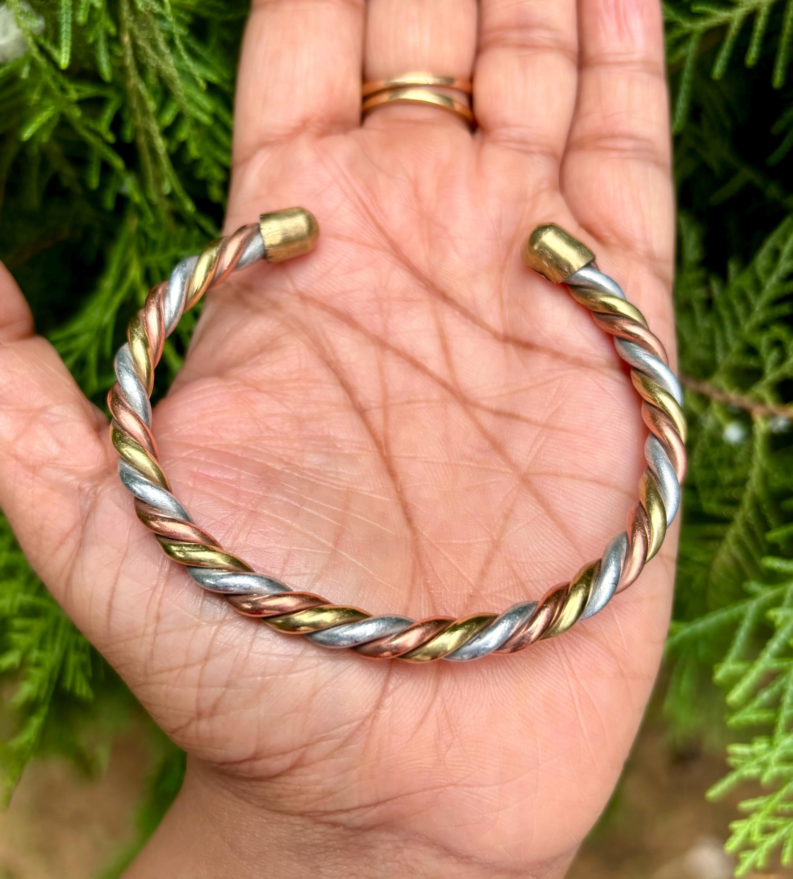 Ashtadhatu Twisted Bangle, Copper Brass Silver Cuff, Spiritual