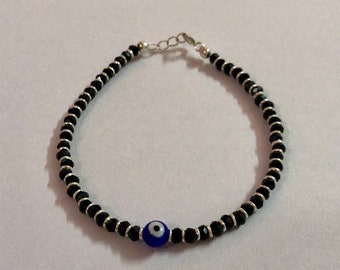 1 Pc 925 Silver Evil Eye Protection Bracelet, 7 inch Amulet Nazariya Blue Black Bead Jewelry, Handmade, Handcrafted FREE SHIP