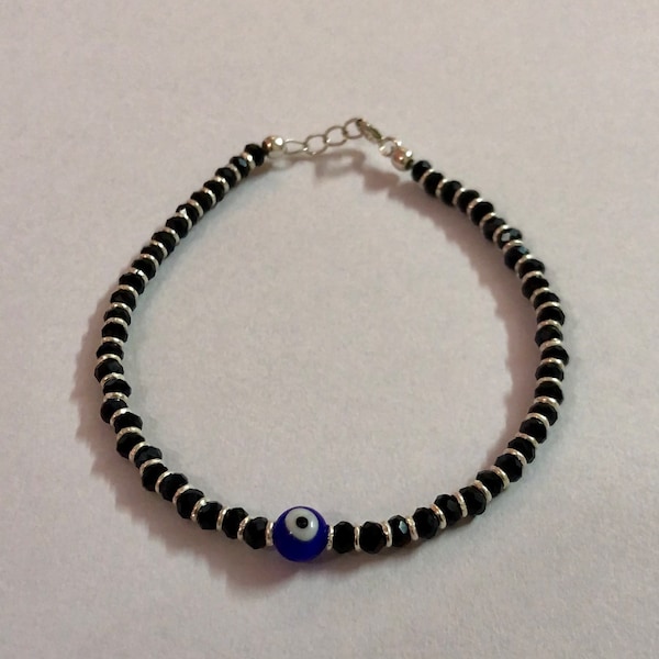 1 Pc 925 Silver Evil Eye Protection Bracelet, 7 inch Amulet Nazariya Blue Black Bead Jewelry, Handmade, Handcrafted FREE SHIP