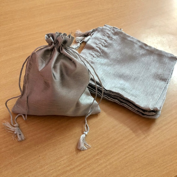 10 Pc 14x15 Cm Raw Silk Jewelry Pouch Bag With Tassle Drawstring Zari Border Wedding Favor Party Favour Gift Bag Jewellery SILVER GREY Etsy Canada