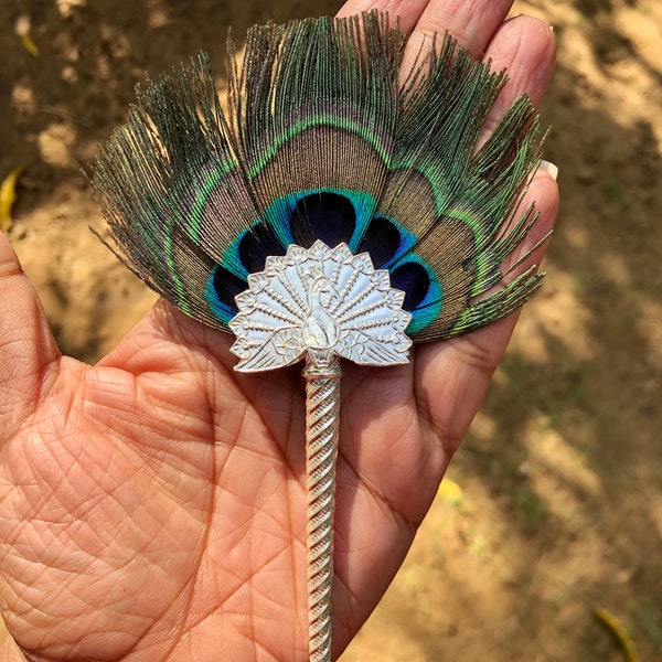 925 Sterling Silver Handmade Lord Krishna LADDU GOPAL Peacock Feathers Fan Pankha Pankhi Religious Pooja, God's Worship Ceremonies 5.25 inch