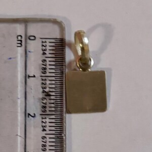 以下が含まれることがあります： チェーン用のループが上部にある、小さな金色の正方形のペンダント。 ペンダントは定規の隣にあり、高さは約2cmです。 ペンダントはおそらく金属製で、表面は滑らかです。