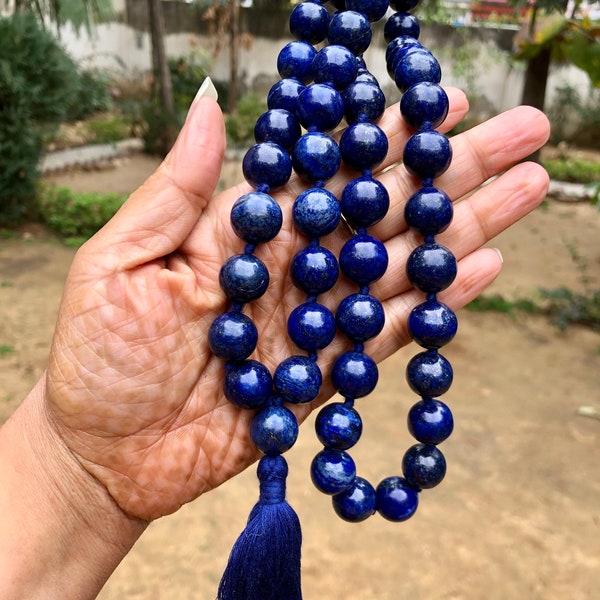 14 mm round 36"+ Indian Origin Lapis Lazuli 54+1 Guru Bead Japa Mala, Jaap Rosary, Yoga Prayer Healing Meditation September Birthstone