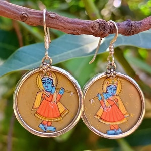 Handmade Miniature Hand Painted 925 Sterling Silver Lord Krishna Madan Mohan Madan Gopal earrings 23mm X 40mm, 7.35 grams #45 Free Ship