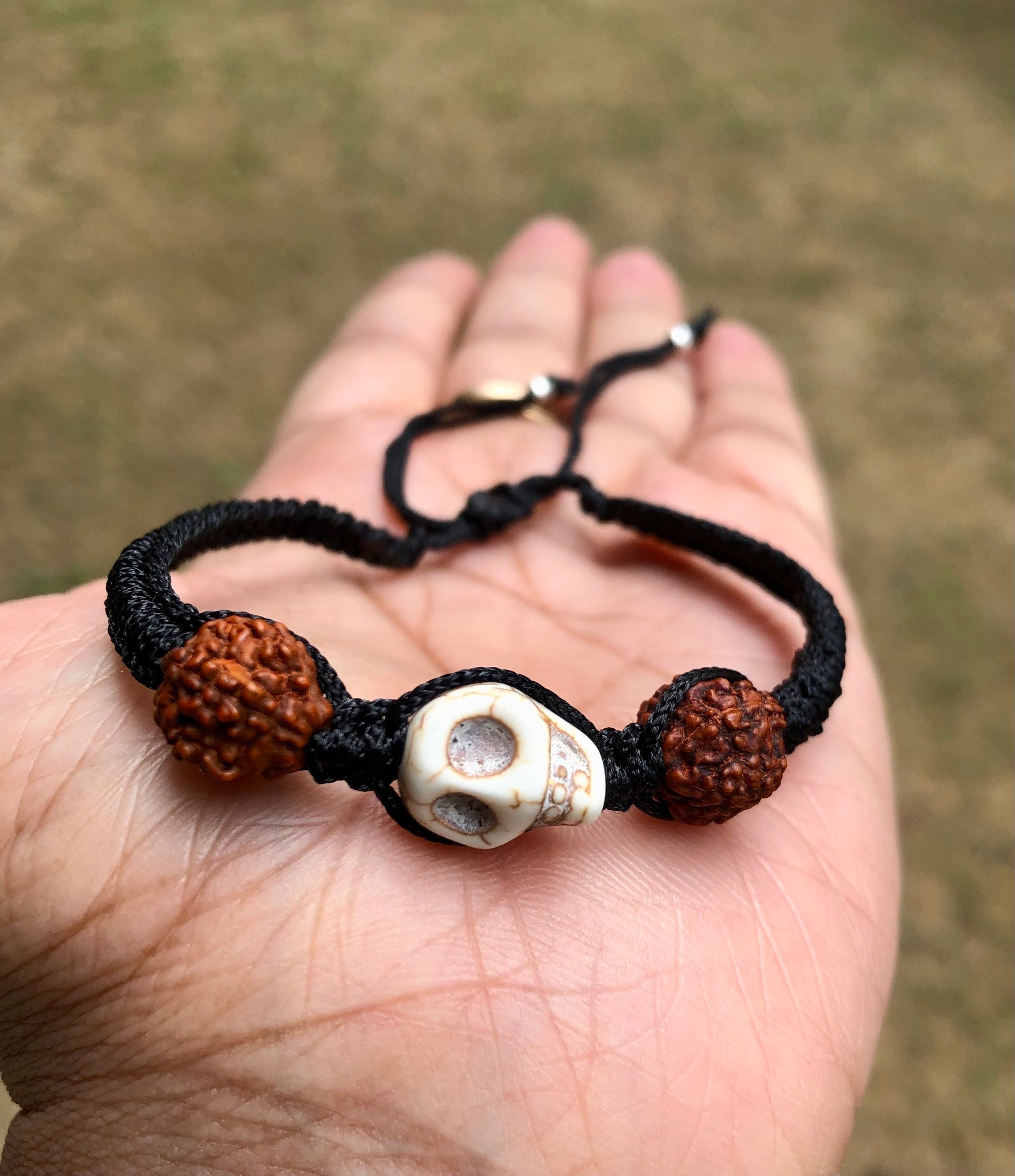 Natural 5 Mukhi RUDRAKSHA Rudraksh + Howlite Nar Mund + 925 Silver Kali Kaali Bracelet, Adjustable, Unisex, Yoga Prayer Meditation Free Ship