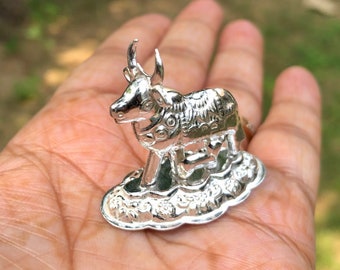 925 Silver Hindu Religious Statue Sacred Kamdhenu Cow Feeding Calf 5.5 gram Lord Krishnas Favourite Temple Pooja Hindu Religion Free Ship