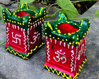 2 Pc Handmade Painted Earthen Clay Terracotta Tulsi Diya Dipak Deepak For Diwali Laxmi Poojan Lakshmi Puja 1.5"X1.5"X2" 180 grams Free Ship