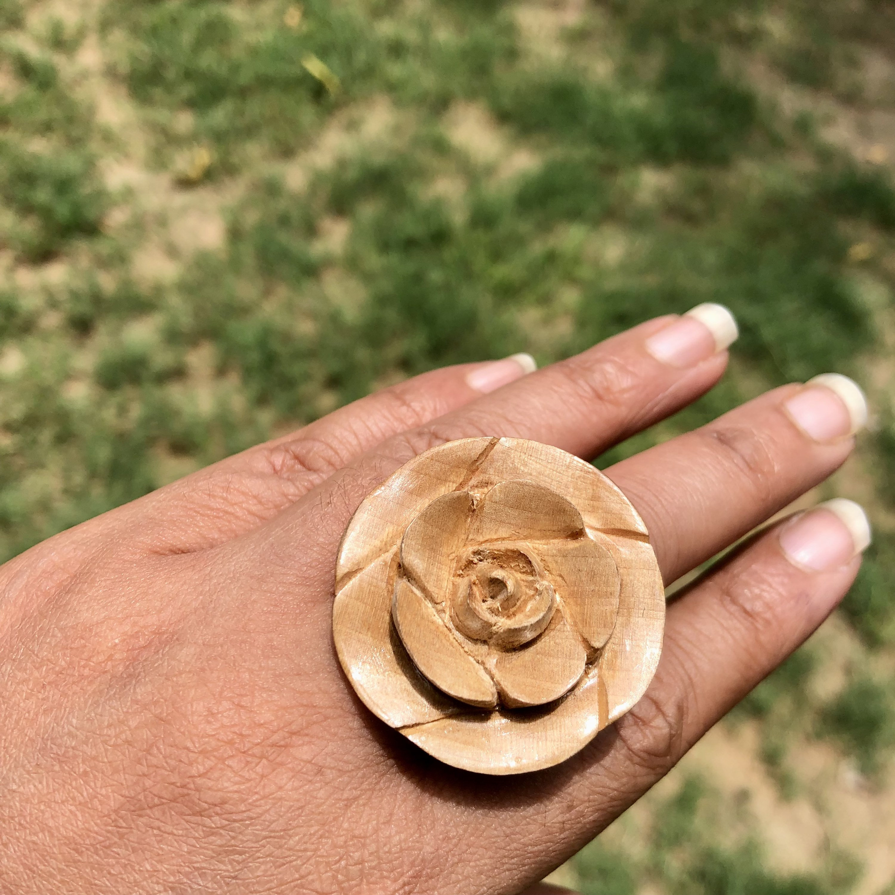 Wood Rose Flower Carved Statement Ring, Handmade Handcarved