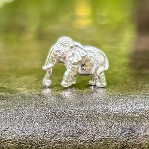 Puede incluir: Una pequeña figura de elefante plateado con detalles intrincados, incluyendo una trompa enroscada y piel texturizada. El elefante está sobre una superficie texturizada, con un fondo verde borroso. La figura mide aproximadamente 2,5 cm de altura.