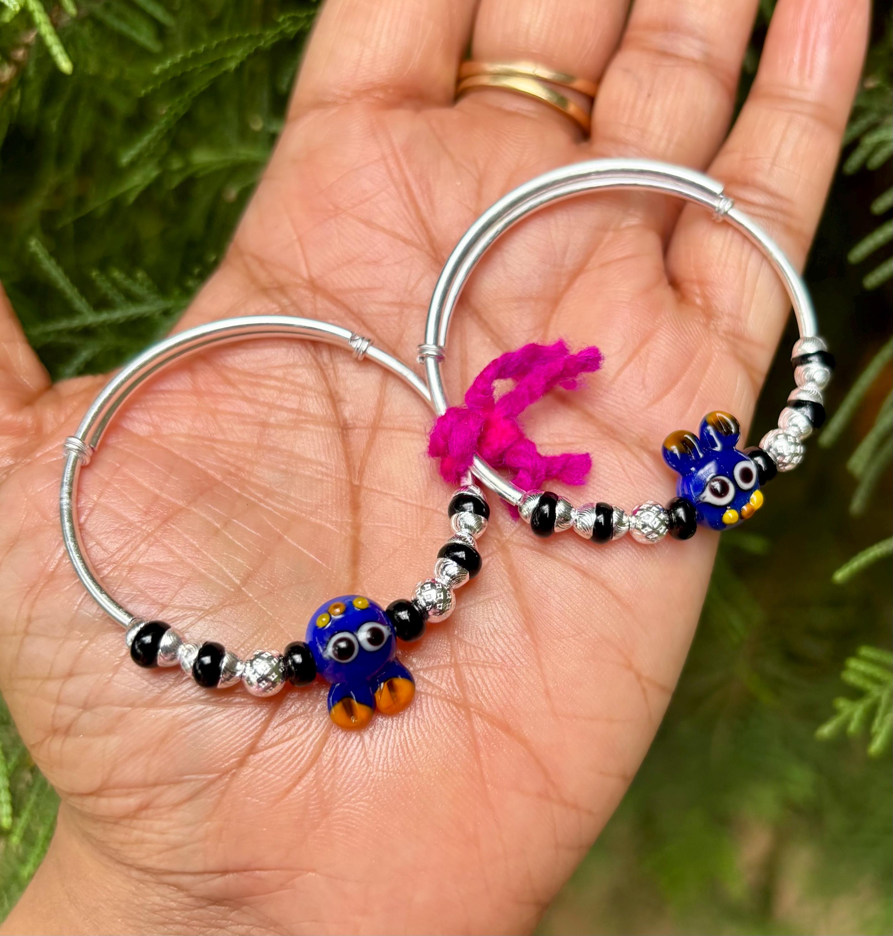 2 Pc 999 Silver Evil Eye Protection Bangle, Amulet Nazariya for kids, infants, newborn, Adjustable, 9.7 gm, hollow flexible, Black beads