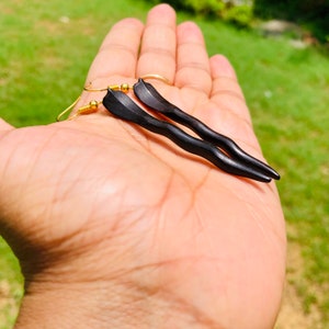 Ebony Wood Long Linear Shoulder Duster Statement Snake Earrings, Handmade Handcarved Handcrafted Cocktail Jewelry, 85mm length, D-4