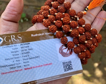 LAB CERTIFIED 108 + 1 Perle Indischer Herkunft Rudraksha Mala 5 mukhi 5 Gesichter Lord Shivas Rosenkranz Jaap Mala Yoga Gebet Heilung Meditation 8mm ca