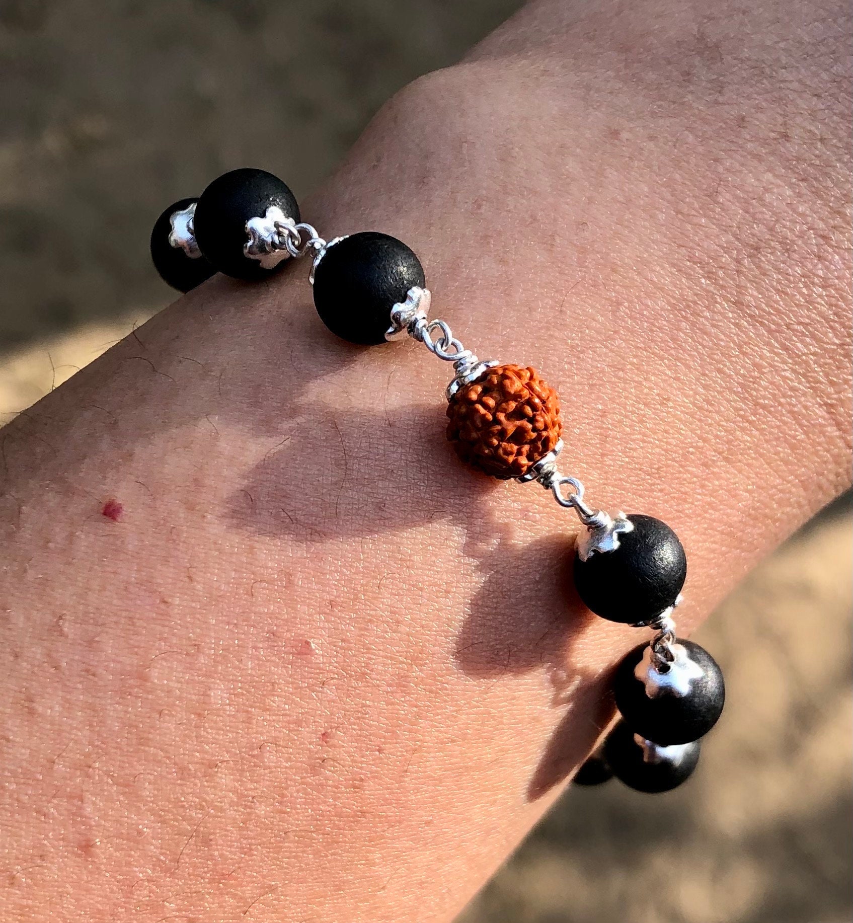 925 Sterling Silver + Original Ebony 8 Mm Natural Karungali + 5