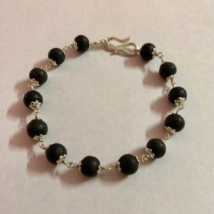 925 Sterling Silver + Original Ebony 8 mm Natural Karungali Bracelet, Indian Origin, 8 inch + .5 inch extension Yoga Prayer, Free Ship