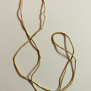 May include: A long, thin necklace made of small, light brown beads. The necklace is made of two strands of beads that are connected by a small, gold clasp.
