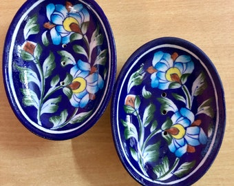 Jaipur Blue Pottery Soap Dish Set, Floral Painted Soap Case