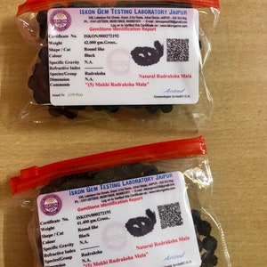 May include: A close-up of a small plastic bag containing a black beaded mala necklace. The bag has a white label with the text "ISKON GEM TESTING LABORATORY JAIPUR" and "GemStone Identification Report". The label also includes the certificate number "ISKON/000272192", weight "42.000 gm.Gross.", shape/cut "Round like", color "Black", specific gravity "N.A.", species/group "Rudraksha", dimension "N.A.", and comments "(5) Mukhi Rudraksha Mala".